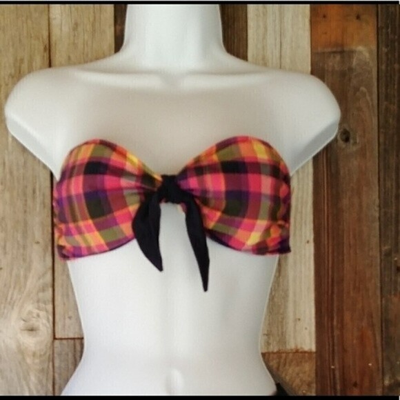 𝅺ISAAC Mizrahi vintage style Pink blue Plaid Bikini Bandeau top - Picture 1 of 10